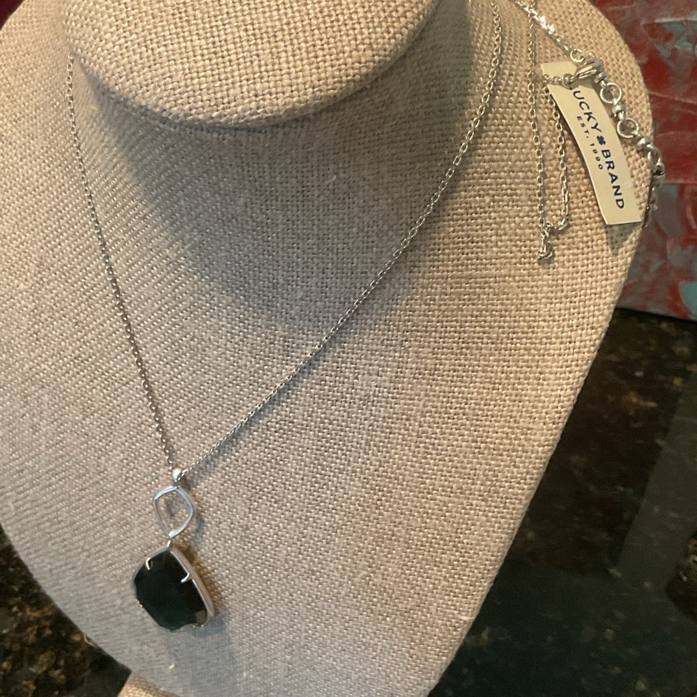 Lucky Brand Silver-Tone Mother of Pearl and Black Stone Pendant Necklace
